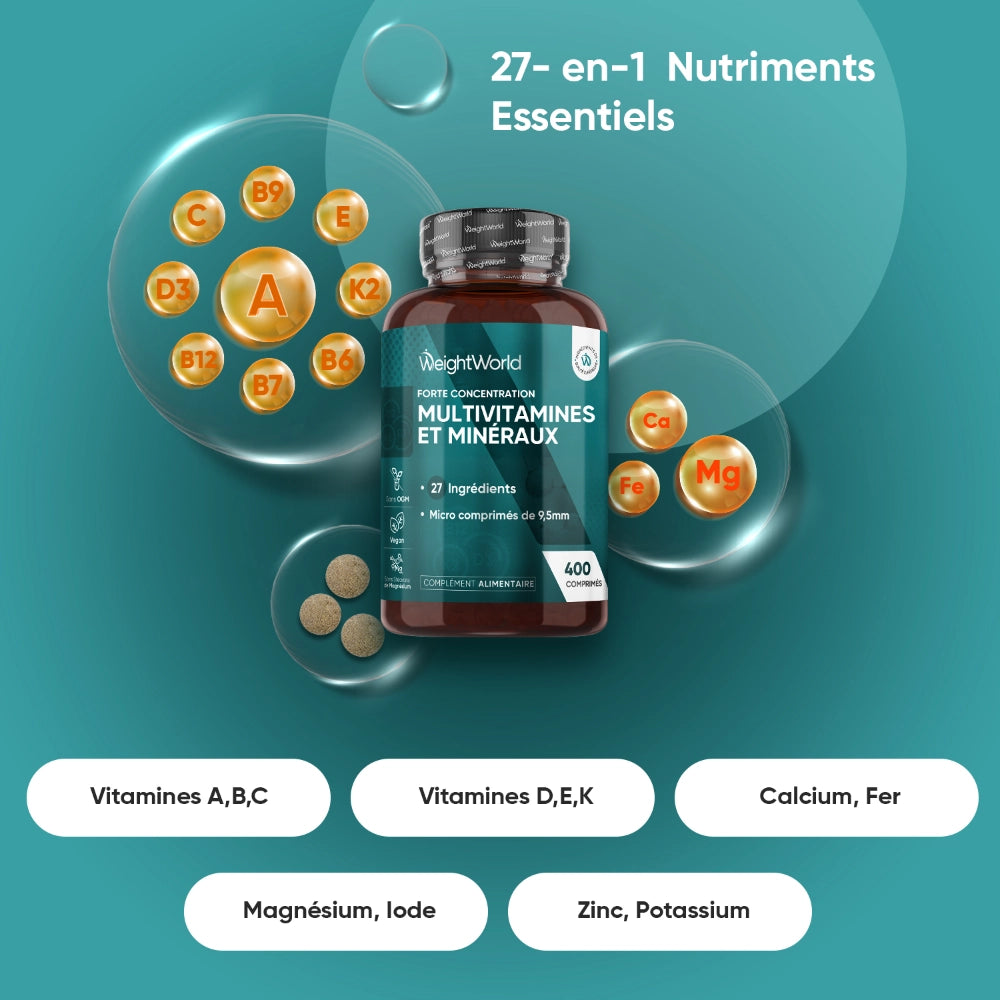Bouteille WeightWorld multivitamines et minéraux, pictogrammes vitamines et minéraux