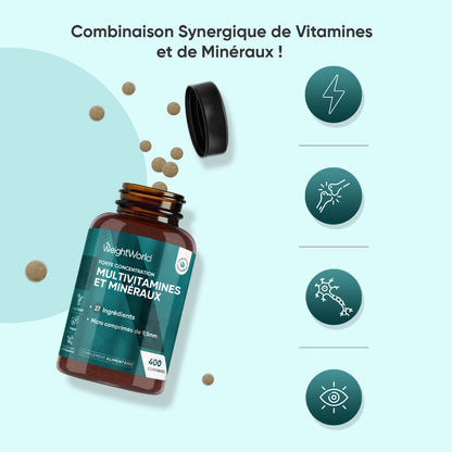 Bouteille WeightWorld multivitamines et minéraux avec comprimés et bouchon ouvert
