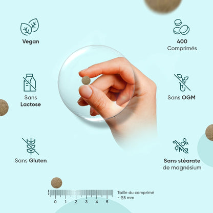 Main tenant un comprimé, icônes vegan, sans gluten et sans OGM pour multivitamines