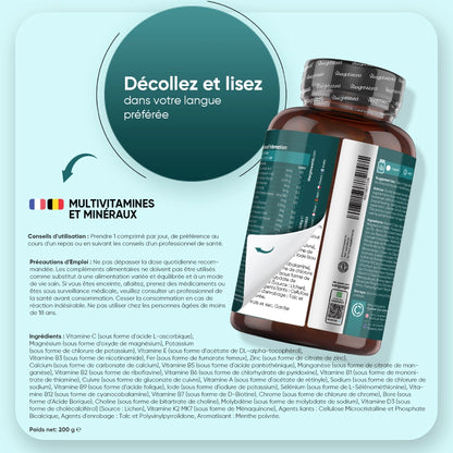 Bouteille WeightWorld multivitamines et minéraux, étiquette au verso avec conseils