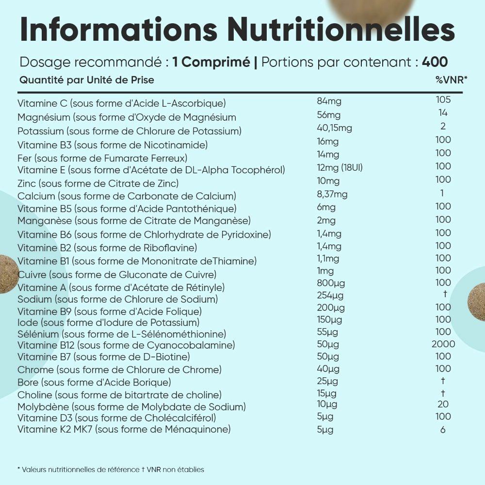 Tableau des informations nutritionnelles : 1 comprimé, 400 portions, vitamines et minéraux