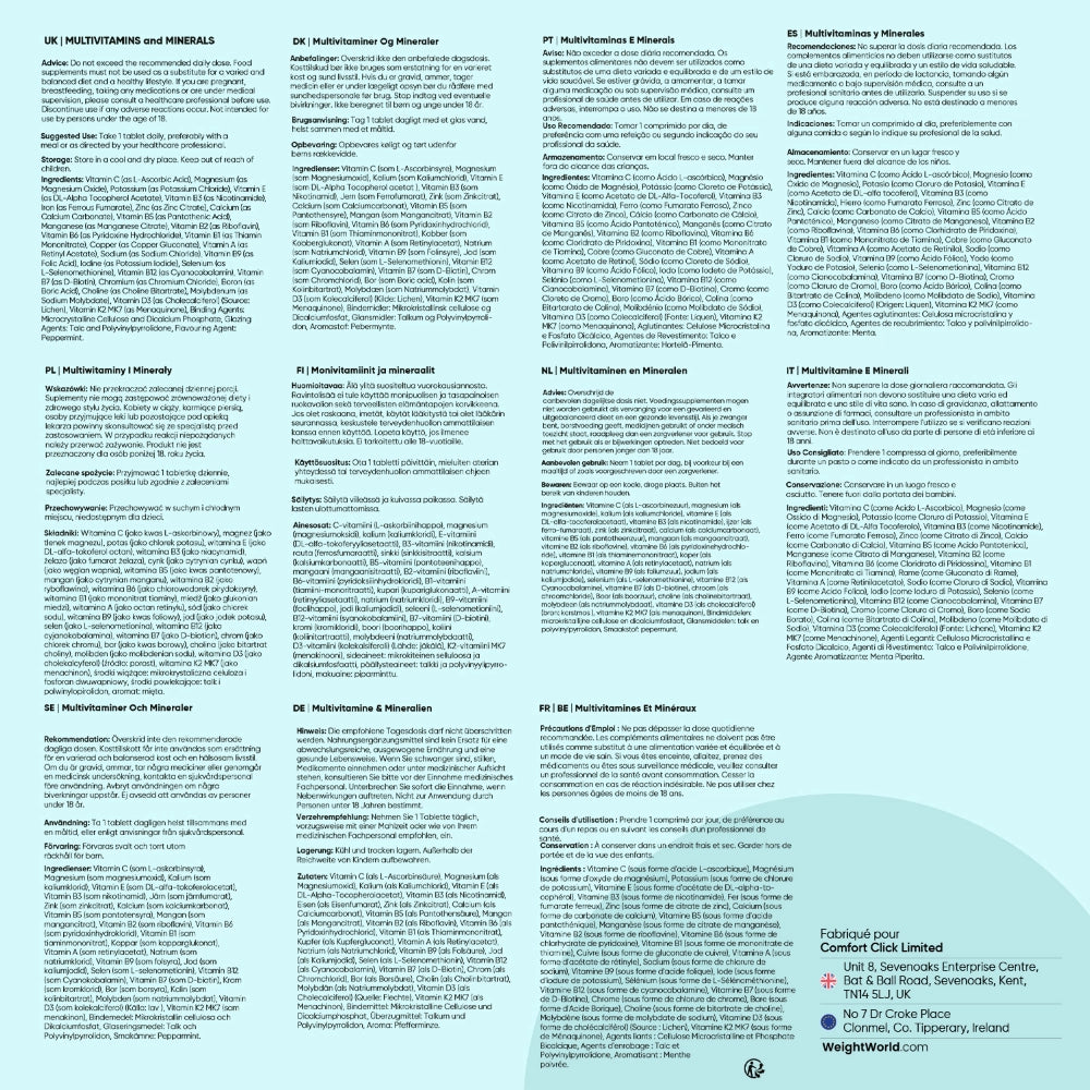 Notice détaillée multilingue sur les multivitamines et minéraux WeightWorld