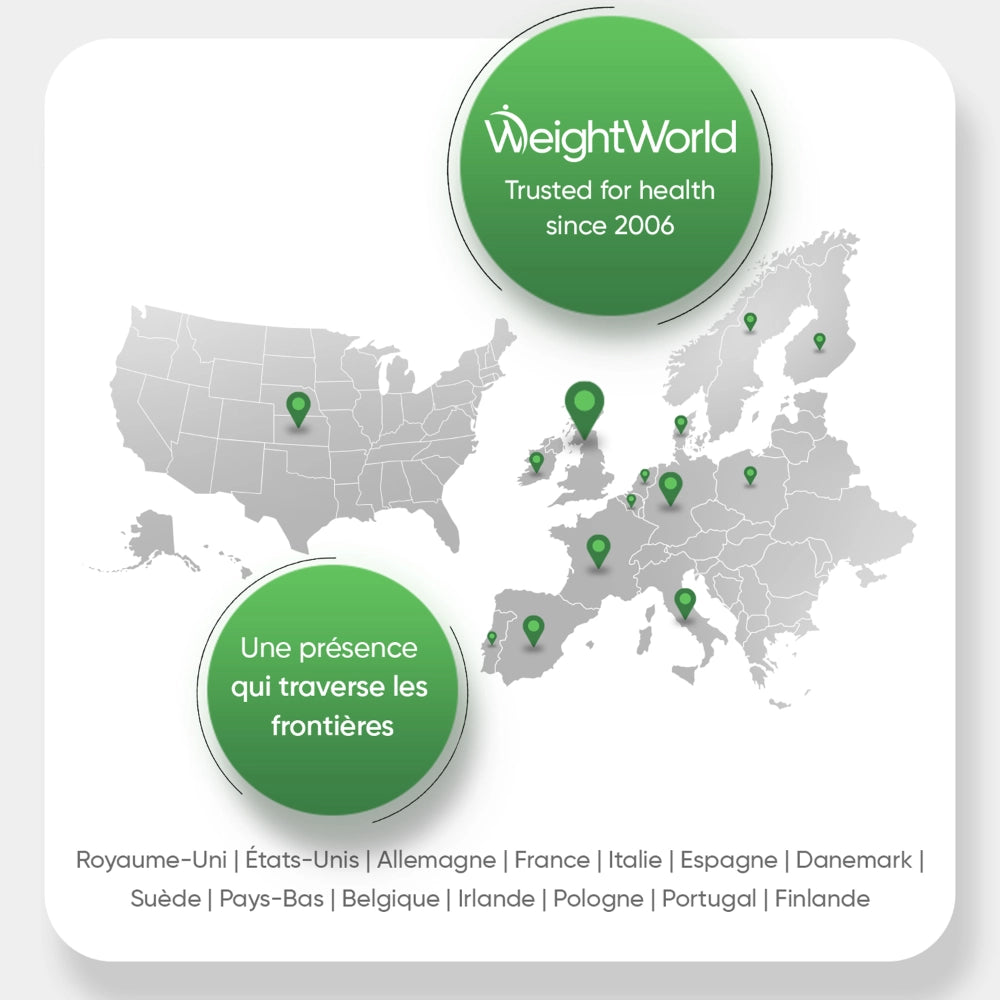 Carte de présence WeightWorld Trusted for health since 2006 avec carte du monde