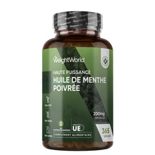 Bouteille d’huile de menthe poivrée WeightWorld, bouchon noir, étiquette verte