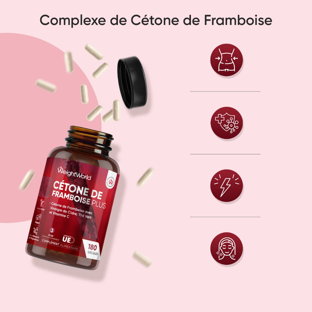 Bouteille WeightWorld « Cétone de Framboise Plus » entourée de capsules