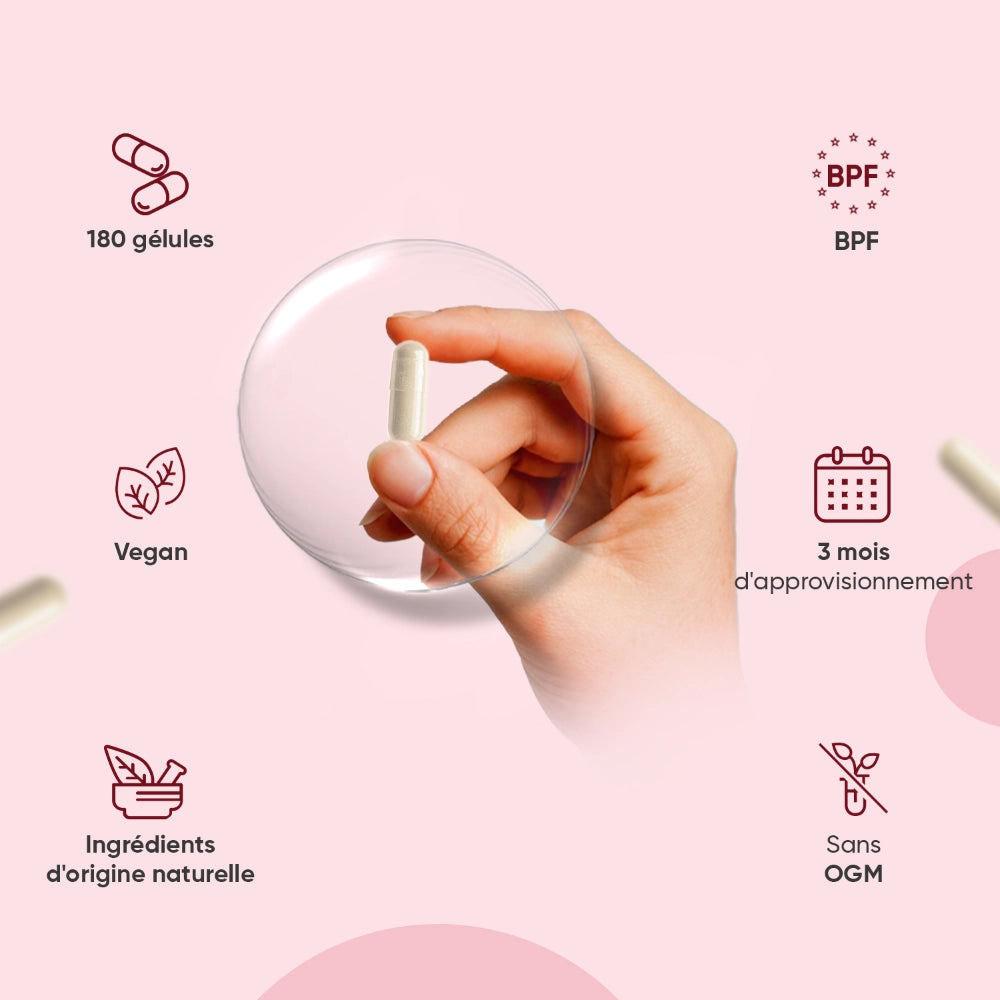 Boîte de capsules avec main, 180 gélules, vegan et ingrédients d’origine naturelle