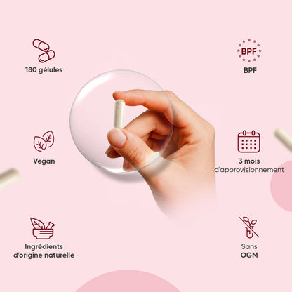 Boîte de capsules avec main, 180 gélules, vegan et ingrédients d’origine naturelle