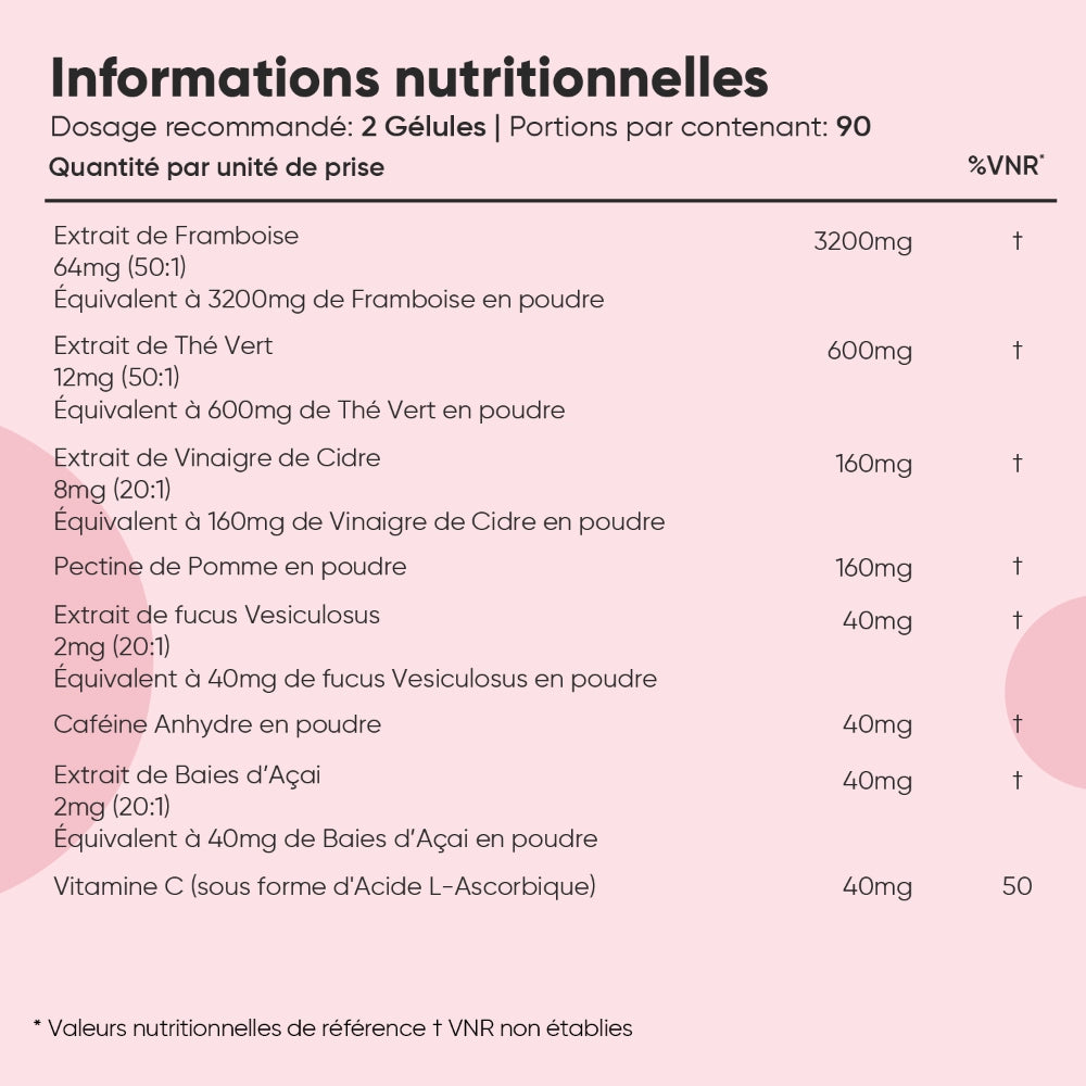 Informations nutritionnelles pour 2 gélules, Cétone de Framboise Plus