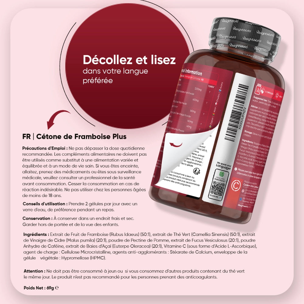 Bouteille Cétone de Framboise Plus avec mode d’emploi, étiquette arrière