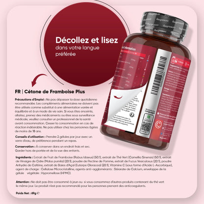 Bouteille Cétone de Framboise Plus avec mode d’emploi, étiquette arrière