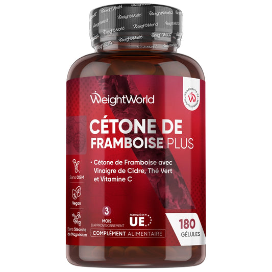 Bocal WeightWorld « Cétone de Framboise Plus » pour 180 gélules, étiquette rouge