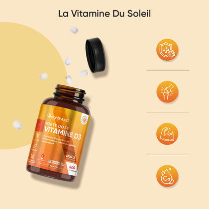 Flacon de vitamine D3 WeightWorld forte dose 4000 UI, capuchon noir