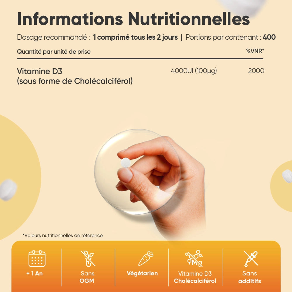 Comprimé de vitamine D3 WeightWorld et informations nutritionnelles, forme chélécalciférol