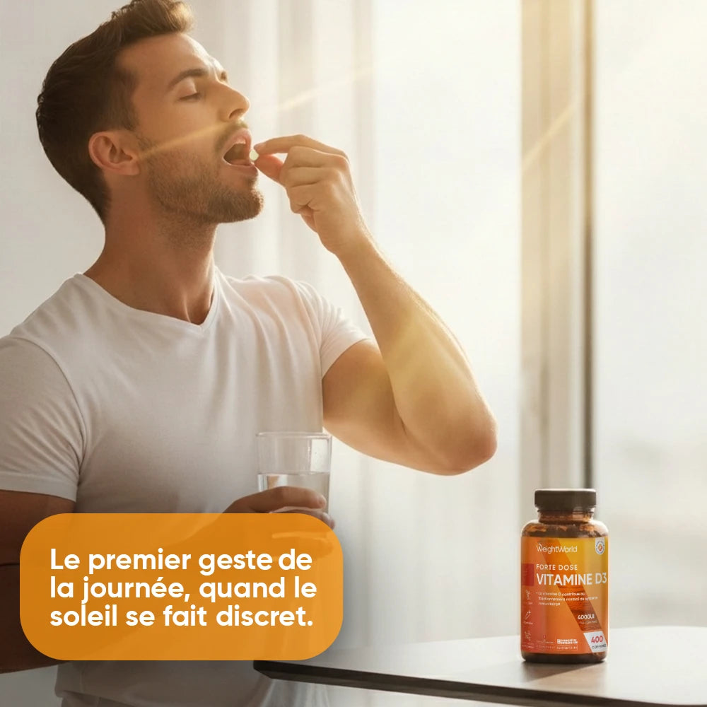 Flacon Vitamine D3 WeightWorld 4000 UI et personne prenant un comprimé