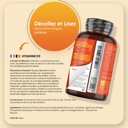 Flacon de vitamine D3 WeightWorld avec étiquette dosages, avertissements et ingrédients