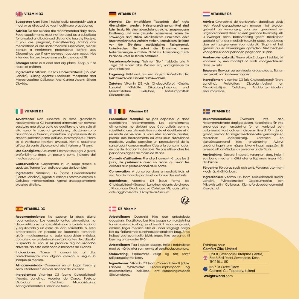 Étiquette multilingue du flacon Vitamine D3 WeightWorld : précautions, conservation