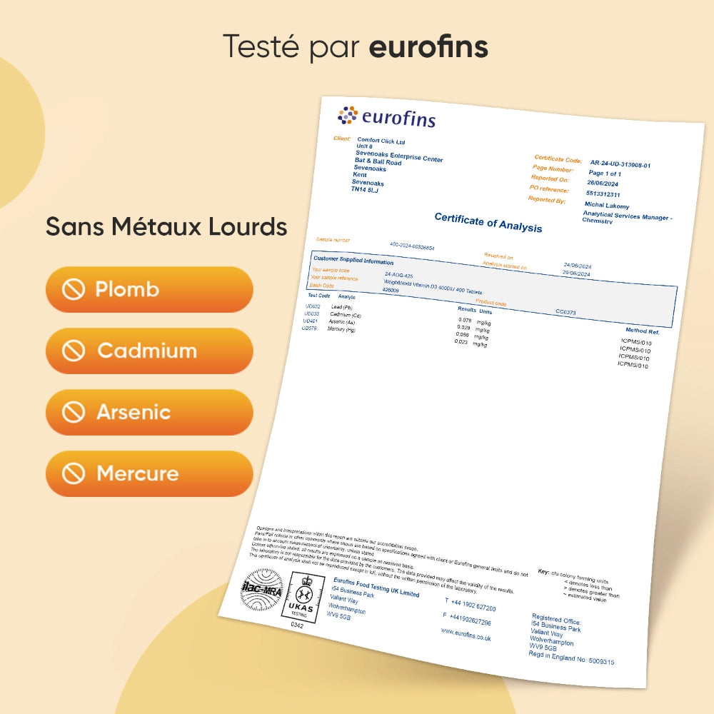 Certificat d’analyse WeightWorld par eurofins : sans métaux lourds, plomb, cadmium, arsenic