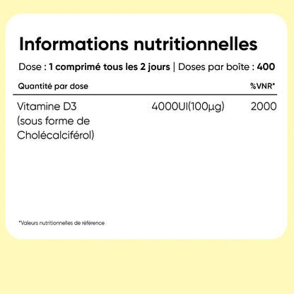 Supplément Vitamine D3 4000 UI, tableau nutritionnel avec dose et VNR