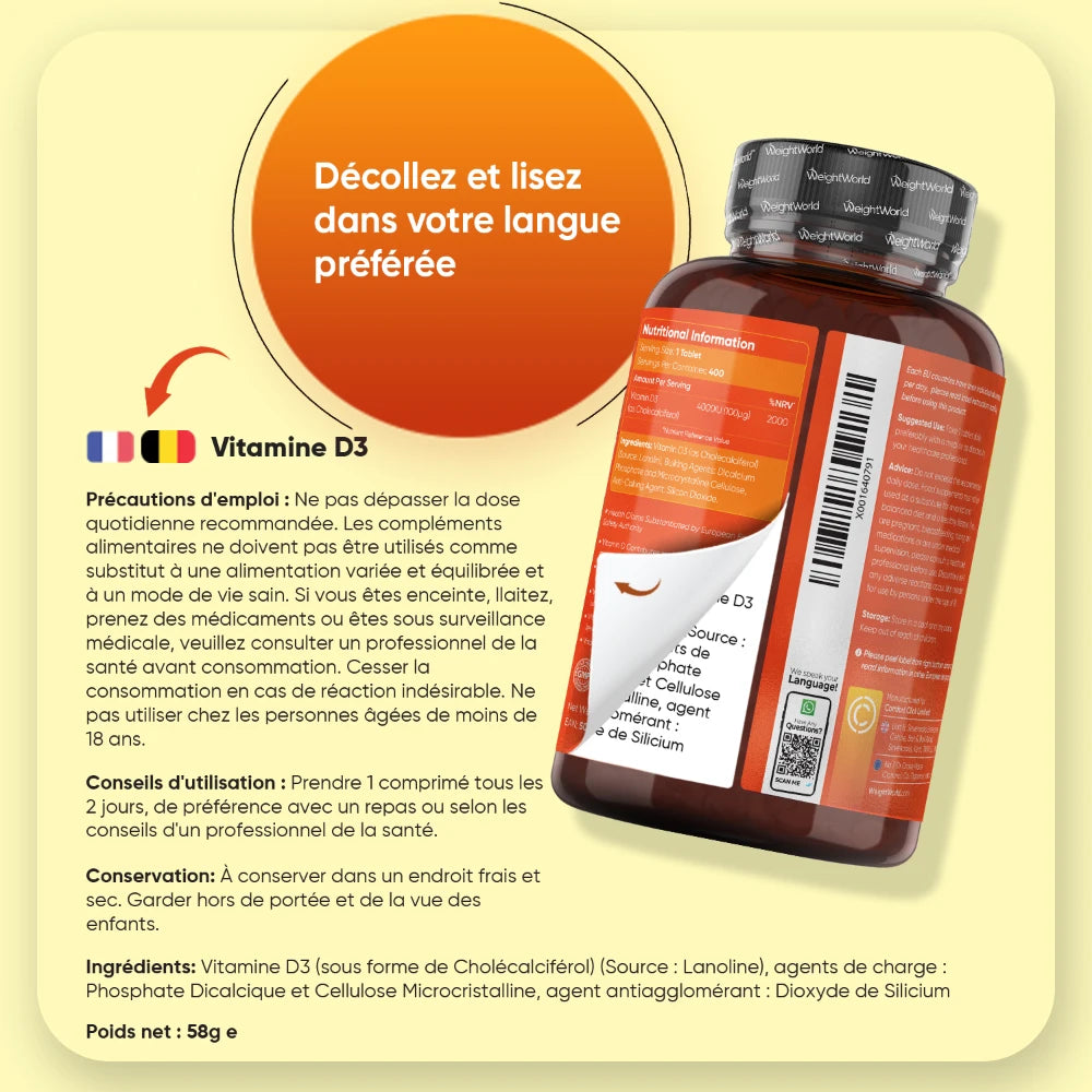 Étiquette arrière du flacon Vitamine D3 WeightWorld 4000 UI, poids net 58 g