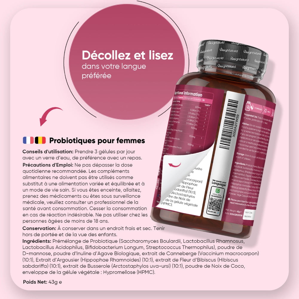 Étiquette arrière WeightWorld Probiotiques pour femmes : décollez et lisez, conseils d'utilisation