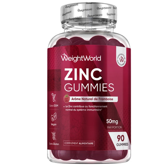 Flacon de gummies au zinc WeightWorld, 90 gommes, goût framboise, couleur violette