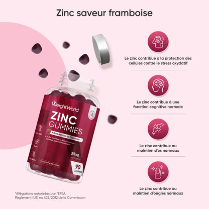 Gummies au zinc WeightWorld, flacon et gommes violettes, arôme framboise