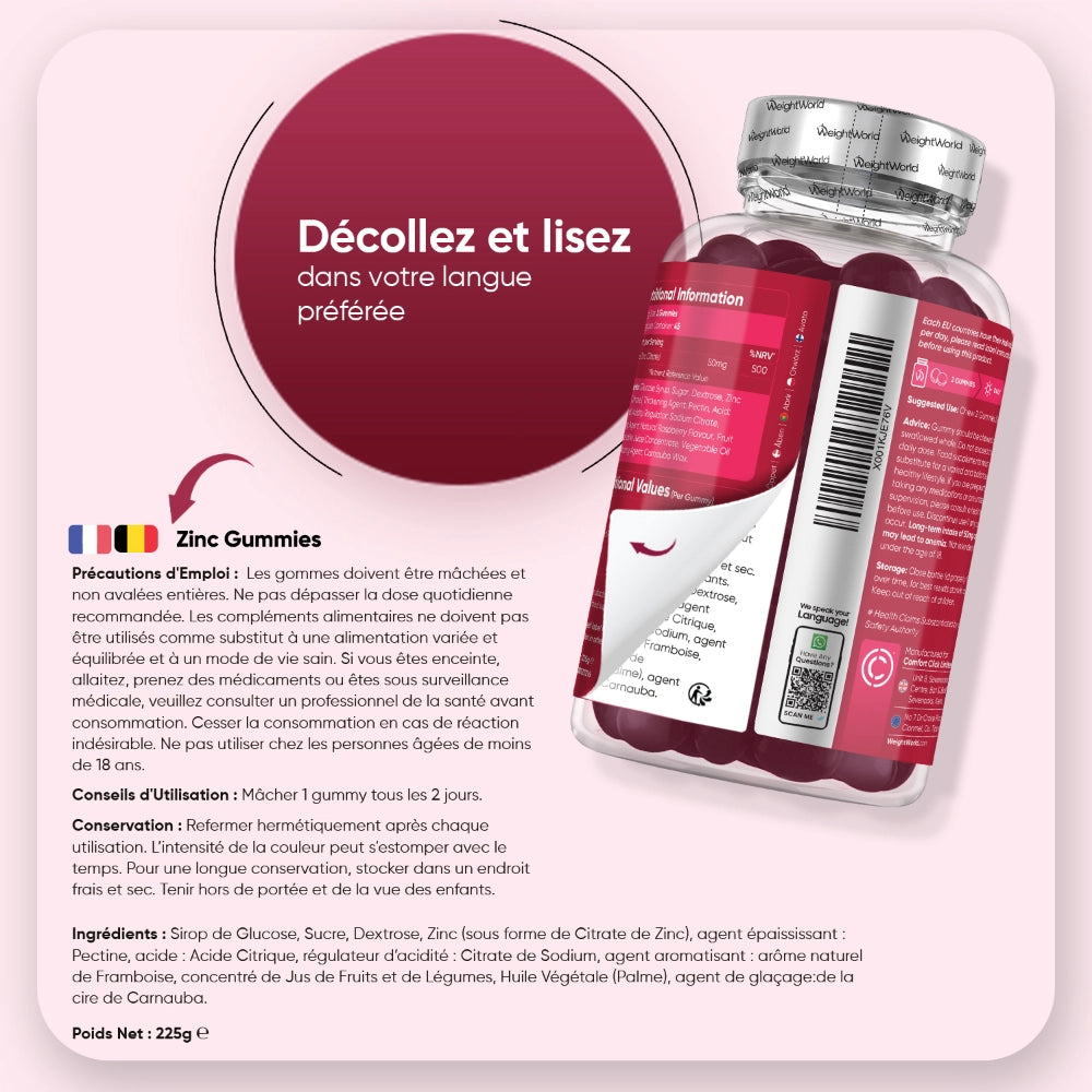 Flacon de gummies au zinc WeightWorld, étiquette au dos avec informations