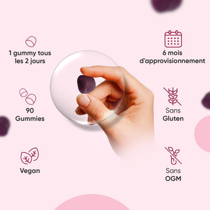 Gummies au zinc WeightWorld, 90 gommes, main tenant une gummy violette