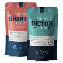 Poches de thé détox et thé minceur, sachets refermables, 2 variétés, couleurs rouge et vert.