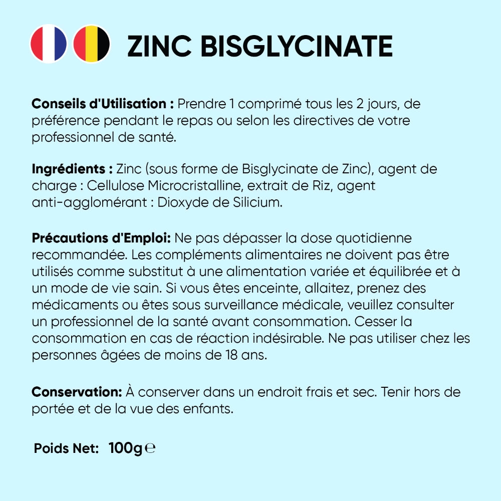Étiquette ingrédients et conseils d’utilisation pour Bisglycinate de zinc, 400 comprimés