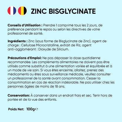 Étiquette ingrédients et conseils d’utilisation pour Bisglycinate de zinc, 400 comprimés