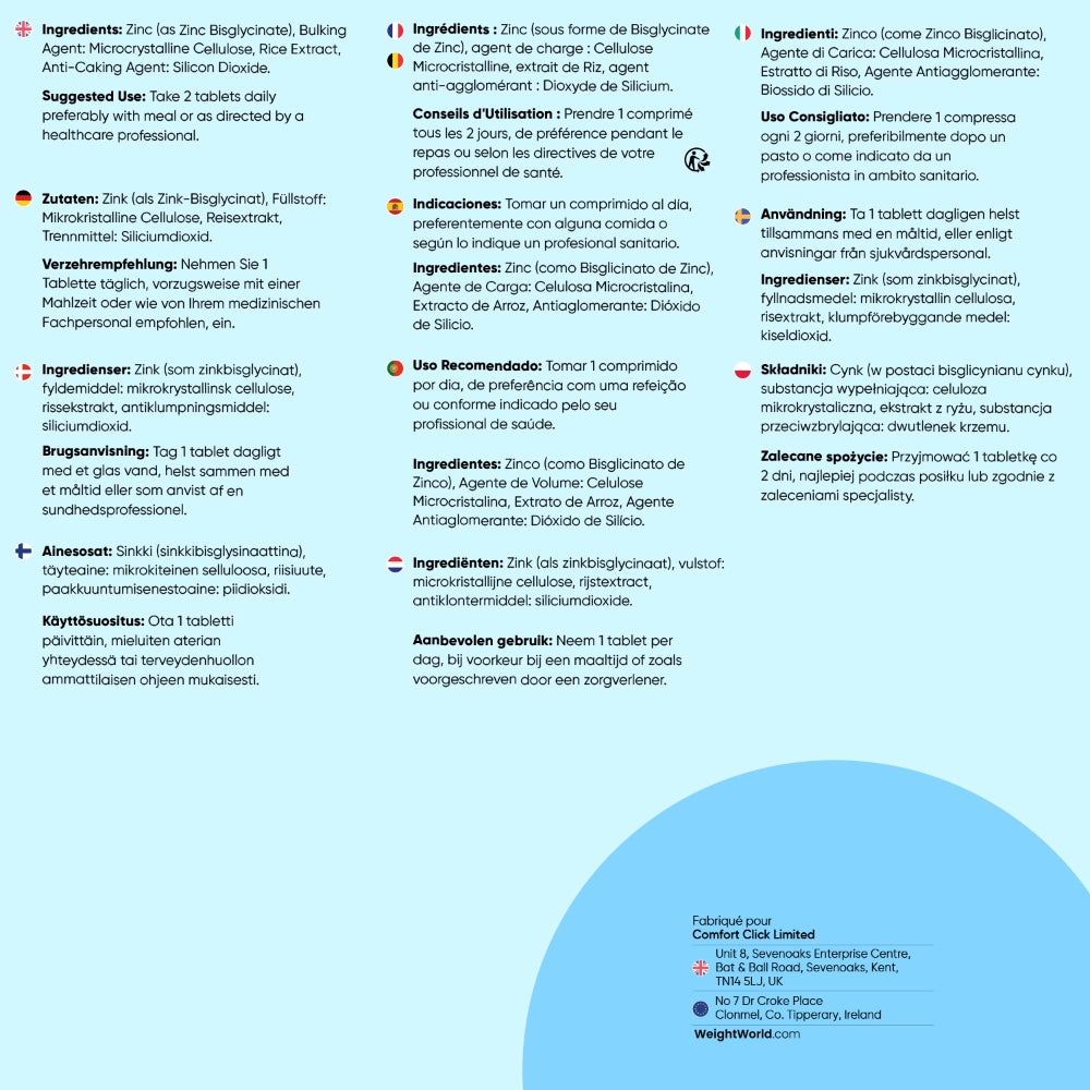 Composition et recommandations détaillées du Bisglycinate de zinc, tableau multilingue